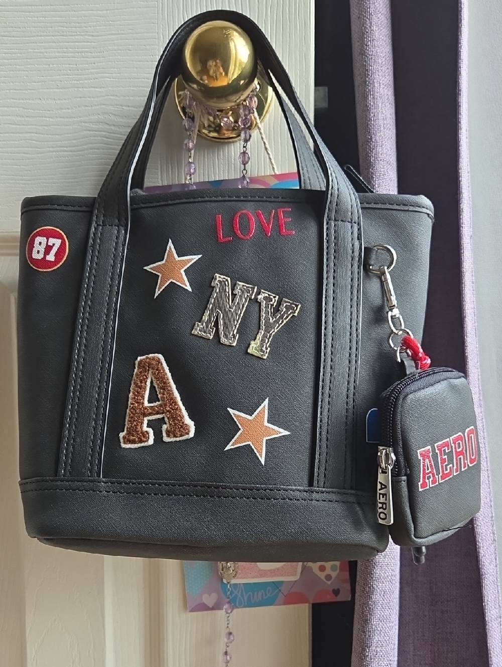 Black Embroidered Patch Tote with Zip Key Pouch